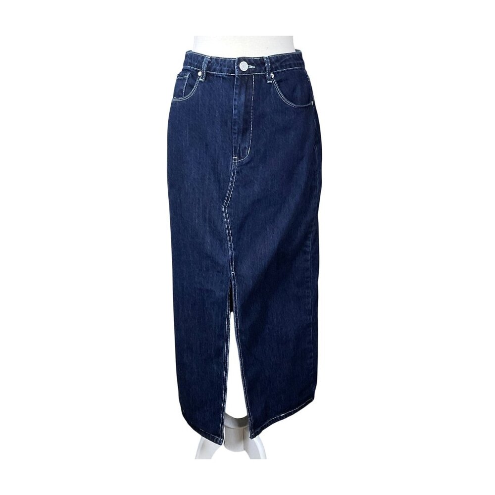 BLANKNYC Dark Wash Contrast Stitch Denim Maxi Skirt With Front Slit Size 28